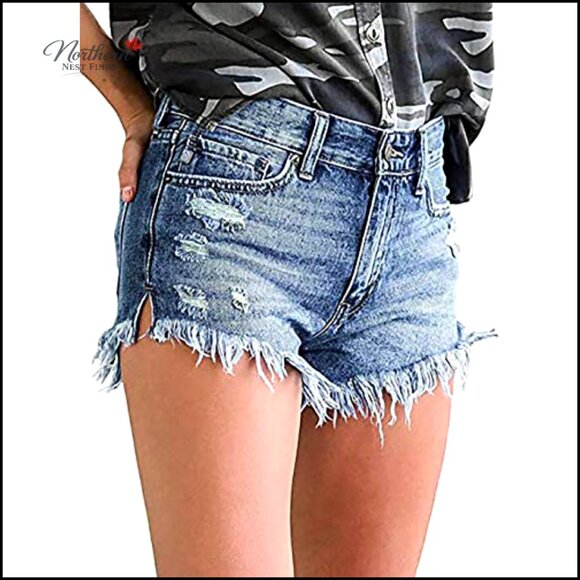 Mid Waist Denim Shorts Ripped Distressed Raw Hem Stretchy Casual Summer - Picture 2 of 6